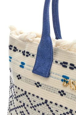 Borsa in tessuto bianco con manici blu e motivo etnico Basile BA24601