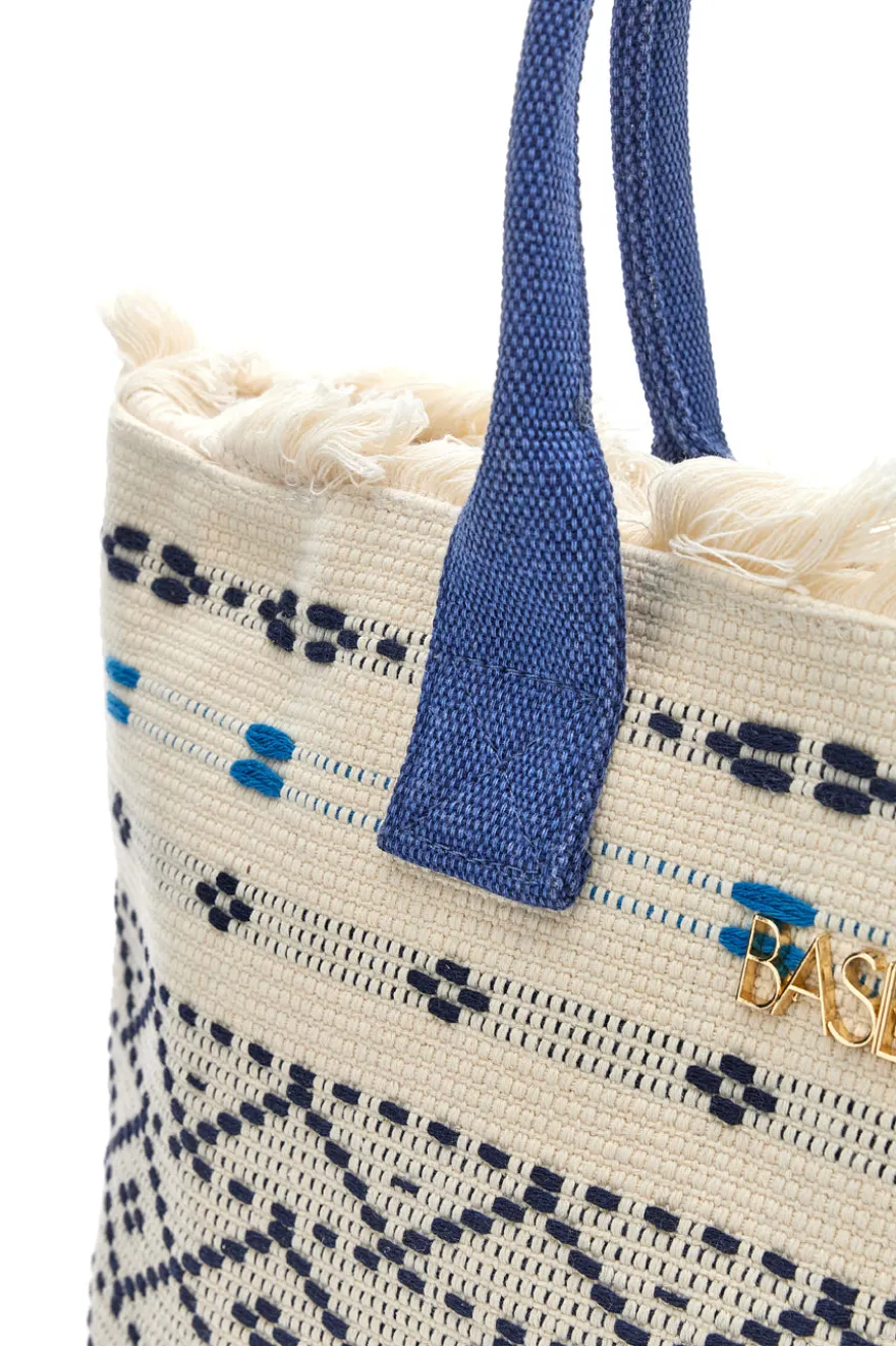 Borsa in tessuto bianco con manici blu e motivo etnico Basile BA24601