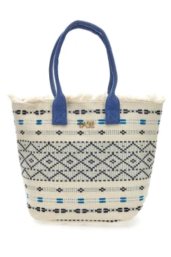 Borsa in tessuto bianco con manici blu e motivo etnico Basile BA24601