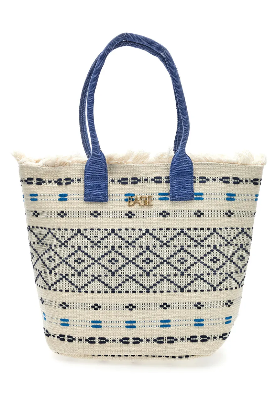Borsa in tessuto bianco con manici blu e motivo etnico Basile BA24601
