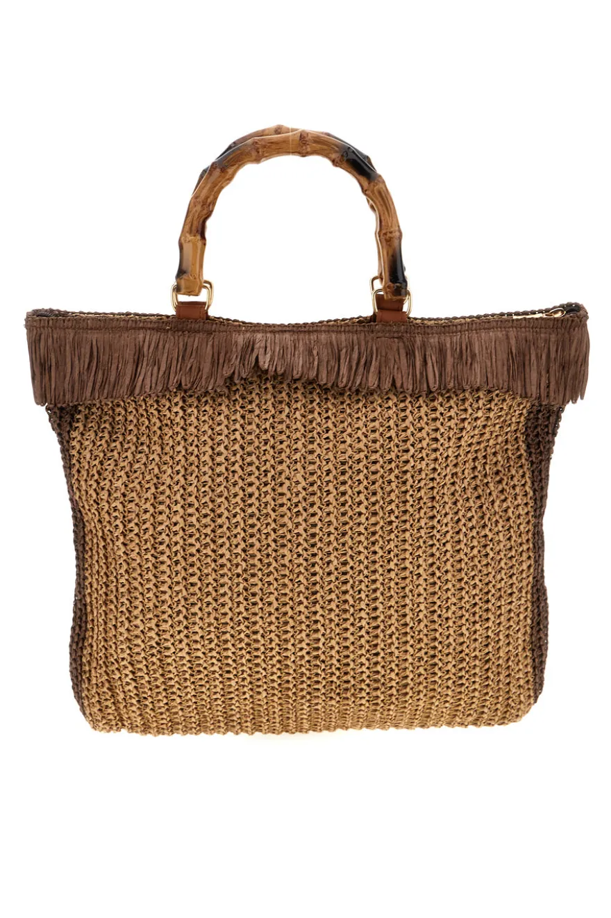 Borsa mare beige e marrone intrecciata con frange Basile CLASS BA27402