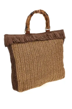 Borsa mare beige e marrone intrecciata con frange Basile CLASS BA27402