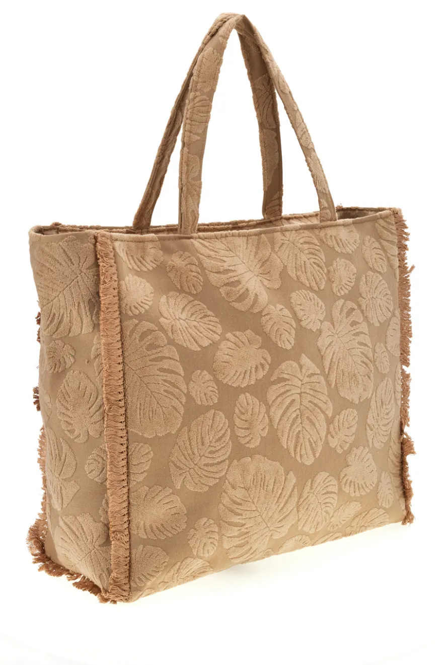 Borsa Mare Beige in Tessuto con Stampa Foglie e Frange Basile CLASS BA22208