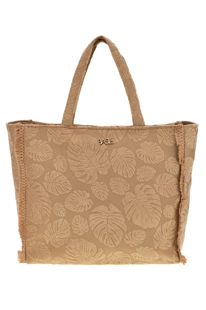 Borsa Mare Beige in Tessuto con Stampa Foglie e Frange Basile CLASS BA22208