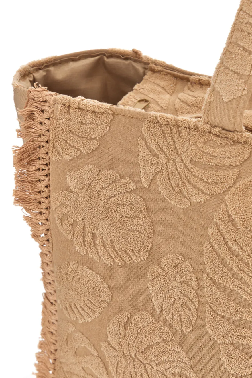 Borsa Mare Beige in Tessuto con Stampa Foglie e Frange Basile CLASS BA22208