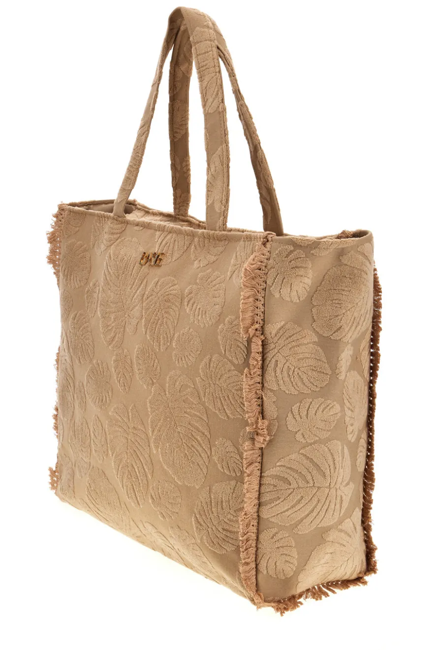Borsa Mare Beige in Tessuto con Stampa Foglie e Frange Basile CLASS BA22208