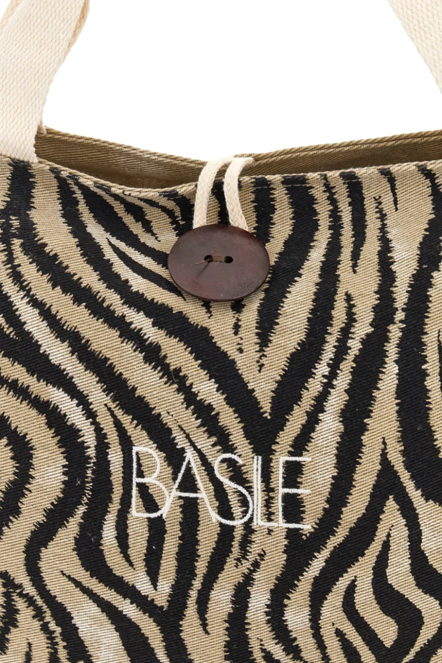 Borsa Mare Beige in Tessuto con Stampa Zebrata e Base in Iuta Basile CLASS BA22219