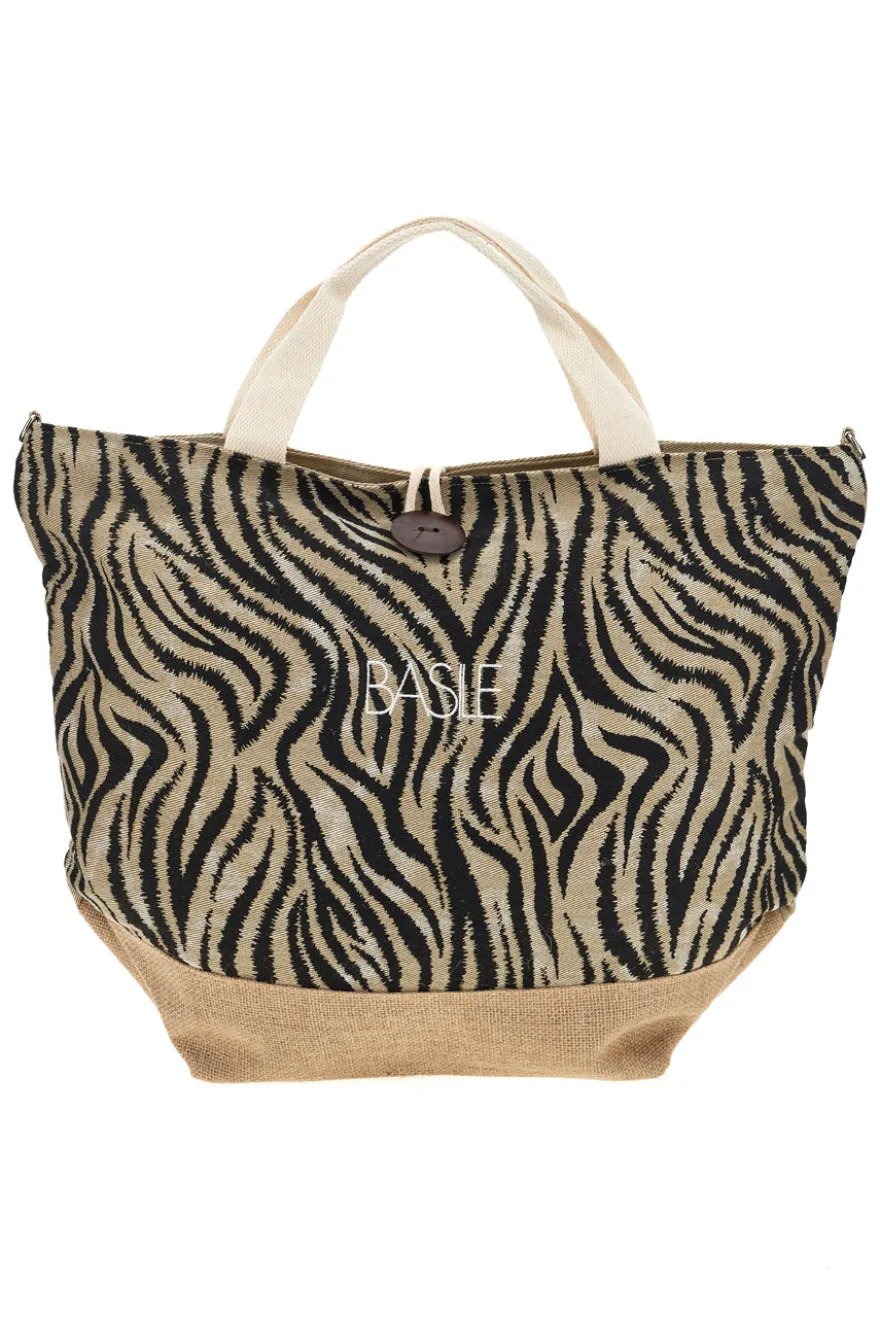 Borsa Mare Beige in Tessuto con Stampa Zebrata e Base in Iuta Basile CLASS BA22219