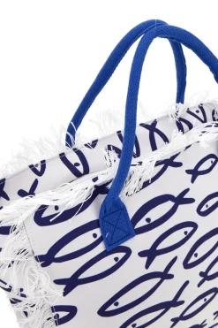 Borsa mare bianca e blu in tessuto con frange Selun beach 261020