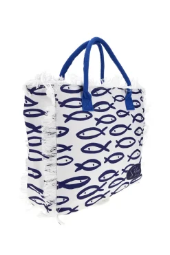 Borsa mare bianca e blu in tessuto con frange Selun beach 261020