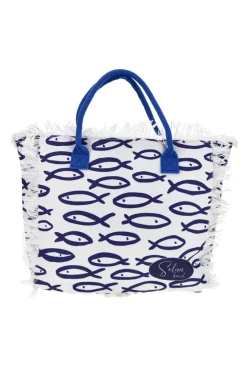 Borsa mare bianca e blu in tessuto con frange Selun beach 261020
