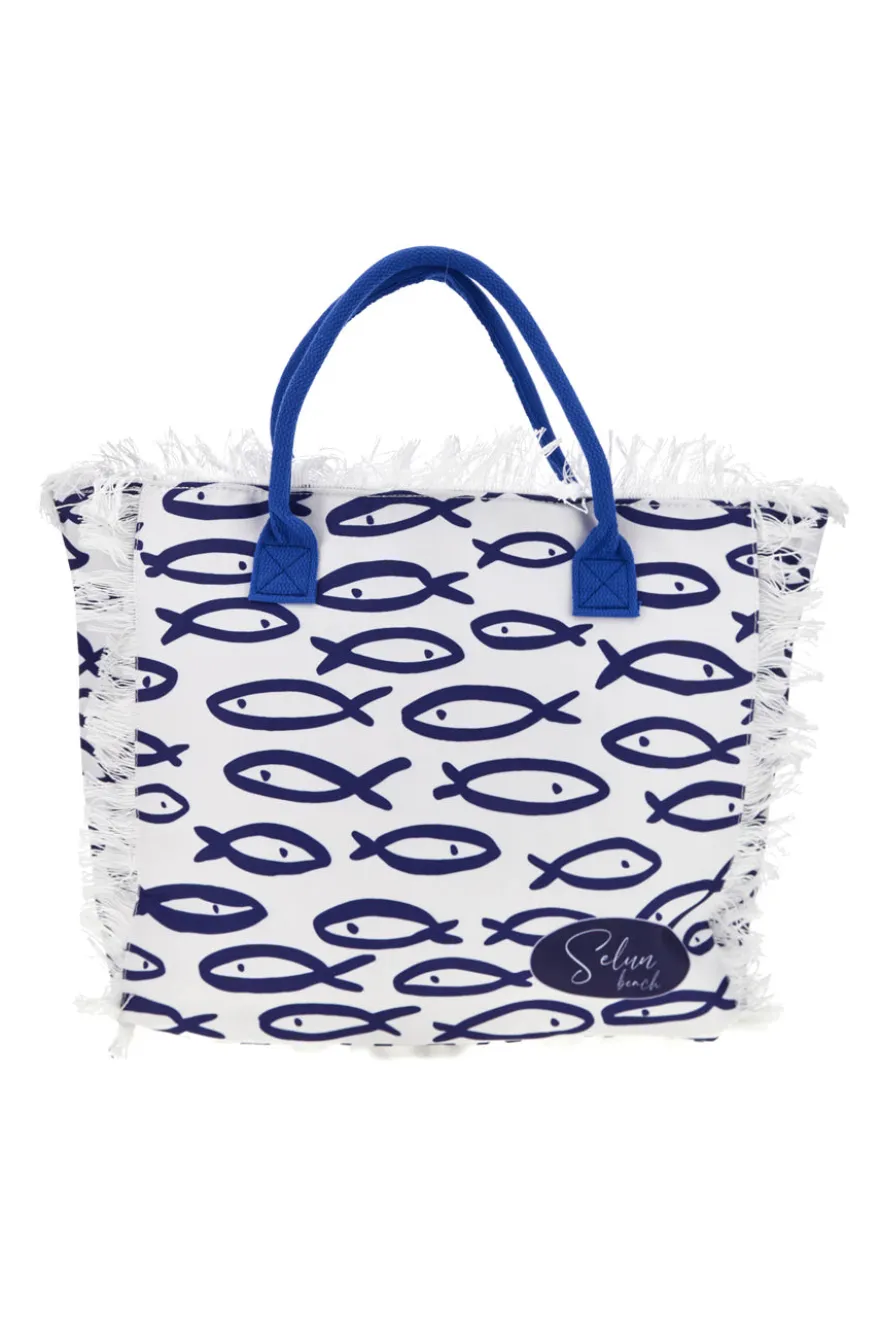 Borsa mare bianca e blu in tessuto con frange Selun beach 261020