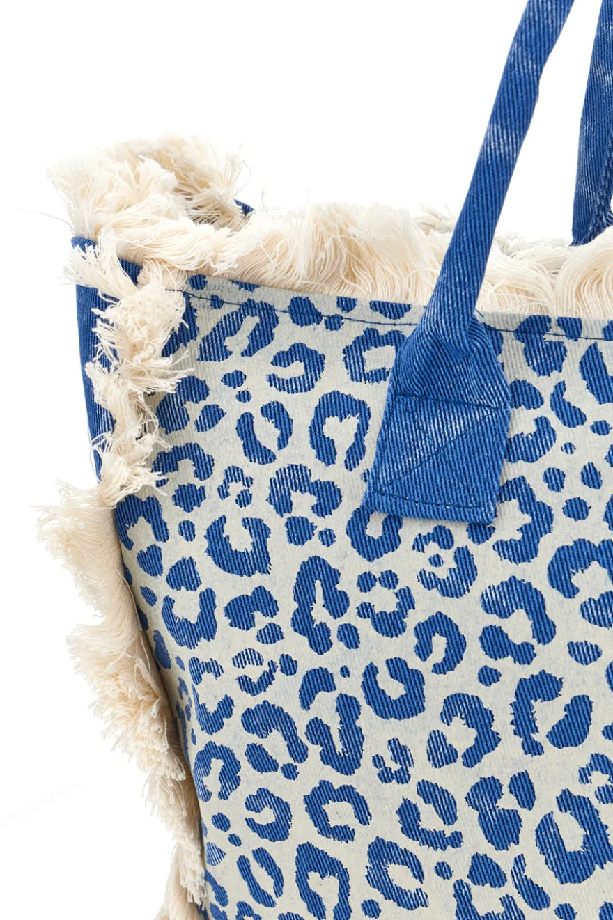 Borsa Mare Blu in Tessuto Denim con Stampa Animalier e Frange Basile CLASS BA22223