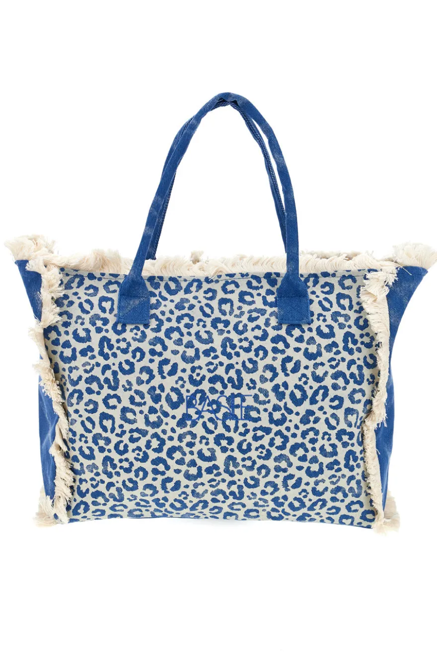 Borsa Mare Blu in Tessuto Denim con Stampa Animalier e Frange Basile CLASS BA22223