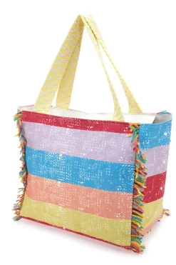 Borsa mare multicolor a righe con frange Basile 22172