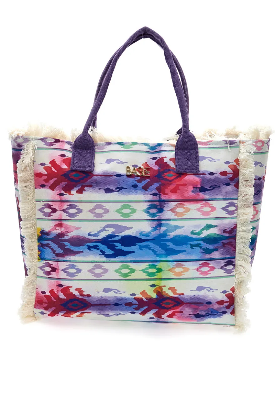 Borsa mare viola con stampa colorata e frange Basile BA23601