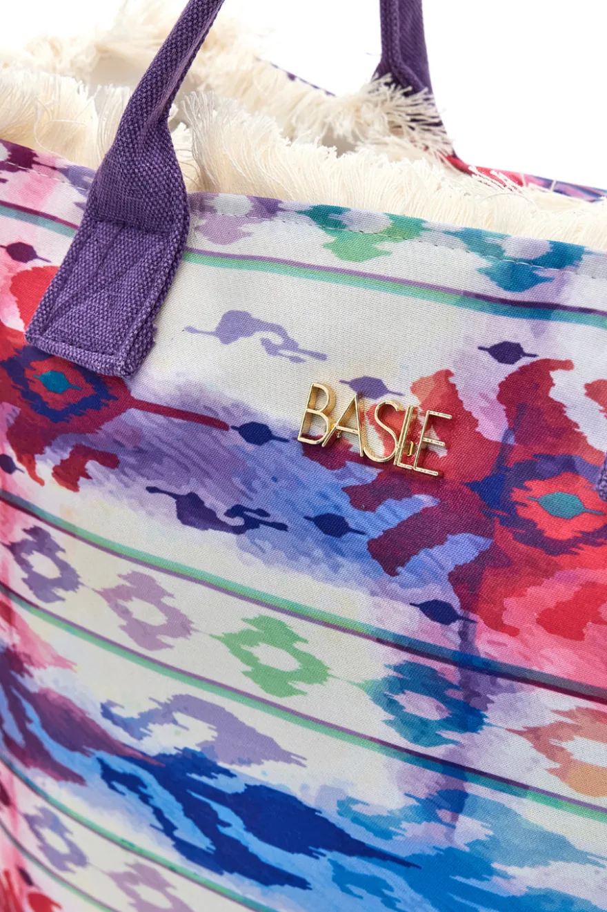 Borsa mare viola con stampa colorata e frange Basile BA23601