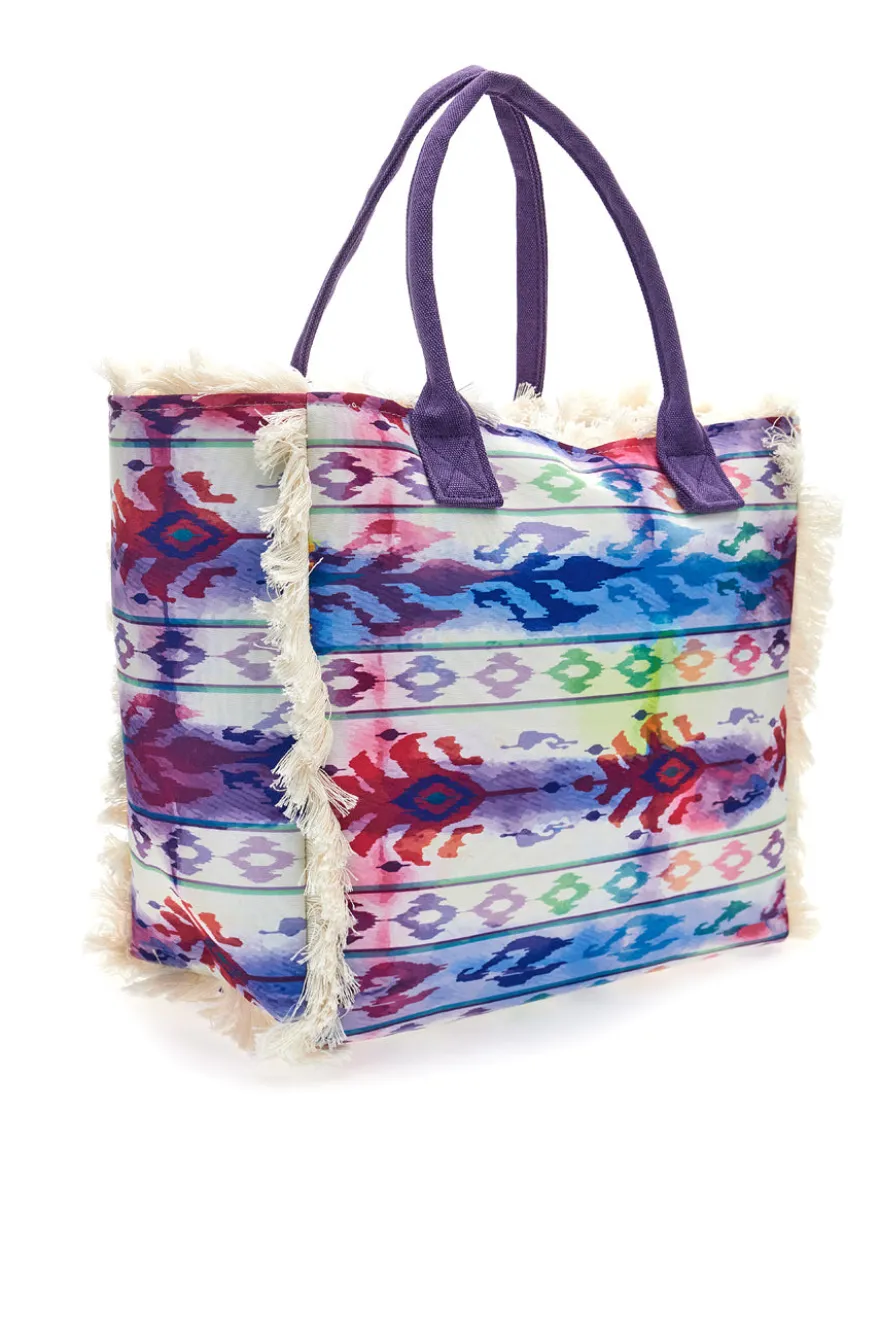 Borsa mare viola con stampa colorata e frange Basile BA23601