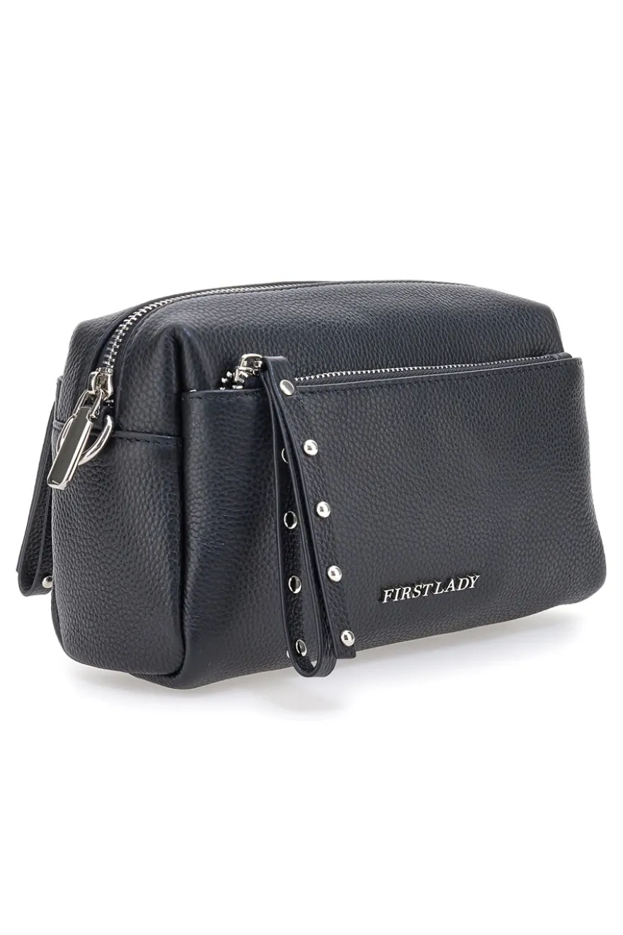 Borsa nera in vera pelle con tracolla e tasche interne First Lady SL 99138