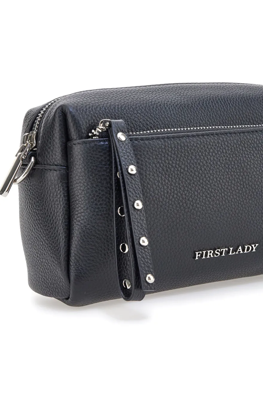 Borsa nera in vera pelle con tracolla e tasche interne First Lady SL 99138