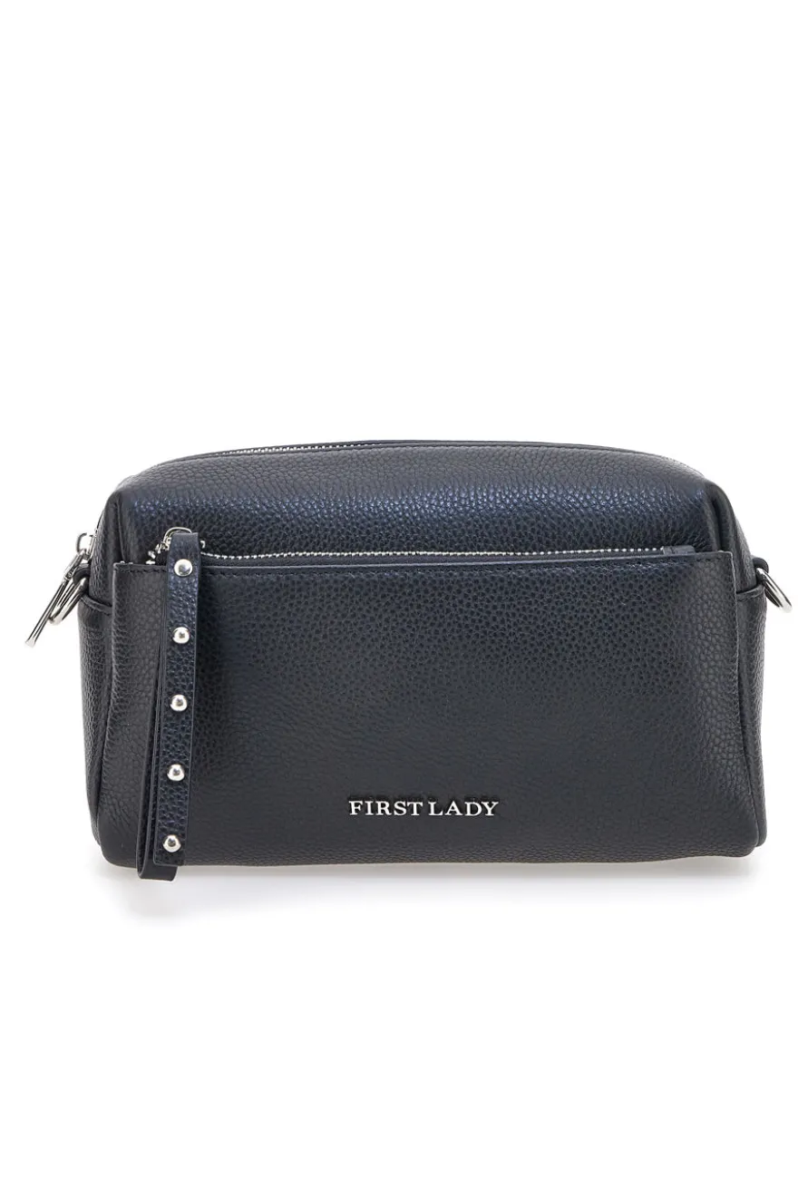 Borsa nera in vera pelle con tracolla e tasche interne First Lady SL 99138
