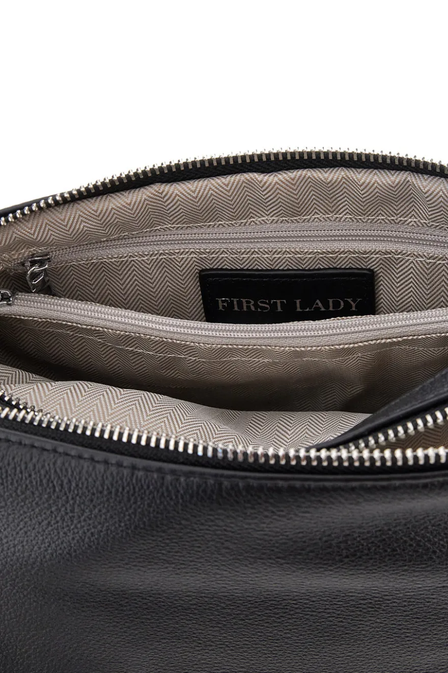 Borsa nera in vera pelle con manico corto e tracolla removibili First Lady SL 58809