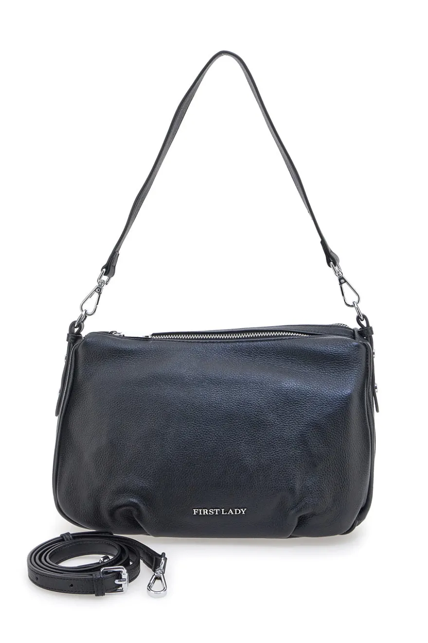 Borsa nera in vera pelle con manico corto e tracolla removibili First Lady SL 58809
