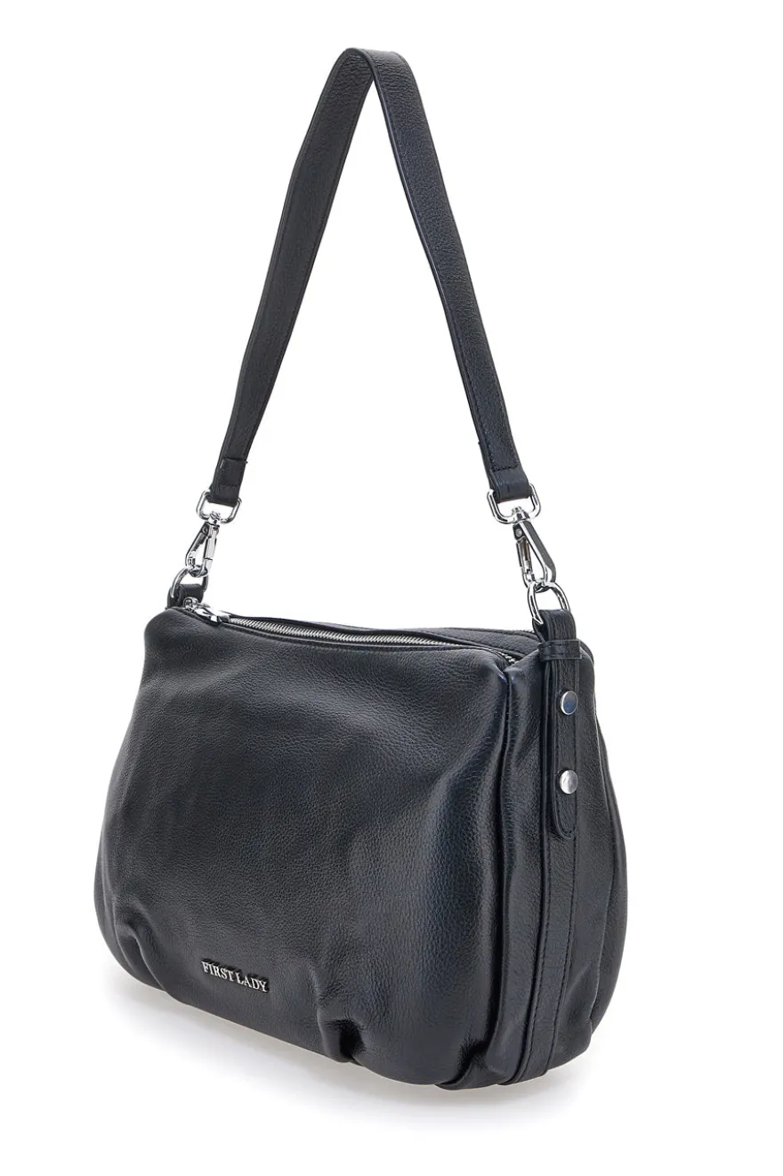 Borsa nera in vera pelle con manico corto e tracolla removibili First Lady SL 58809