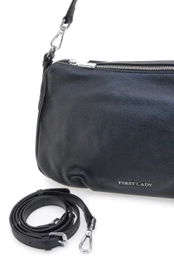 Borsa nera in vera pelle con manico corto e tracolla removibili First Lady SL 58809