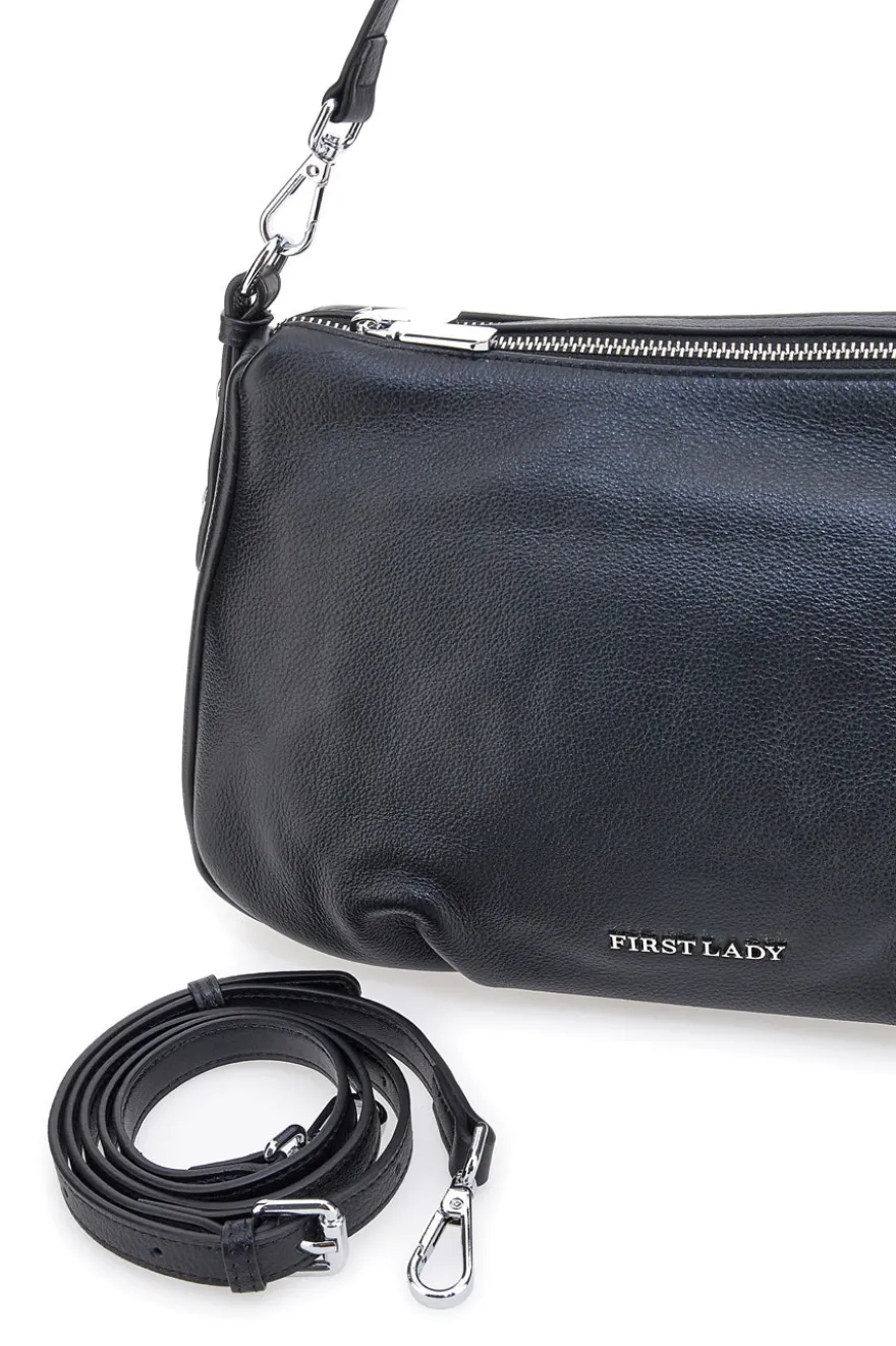 Borsa nera in vera pelle con manico corto e tracolla removibili First Lady SL 58809