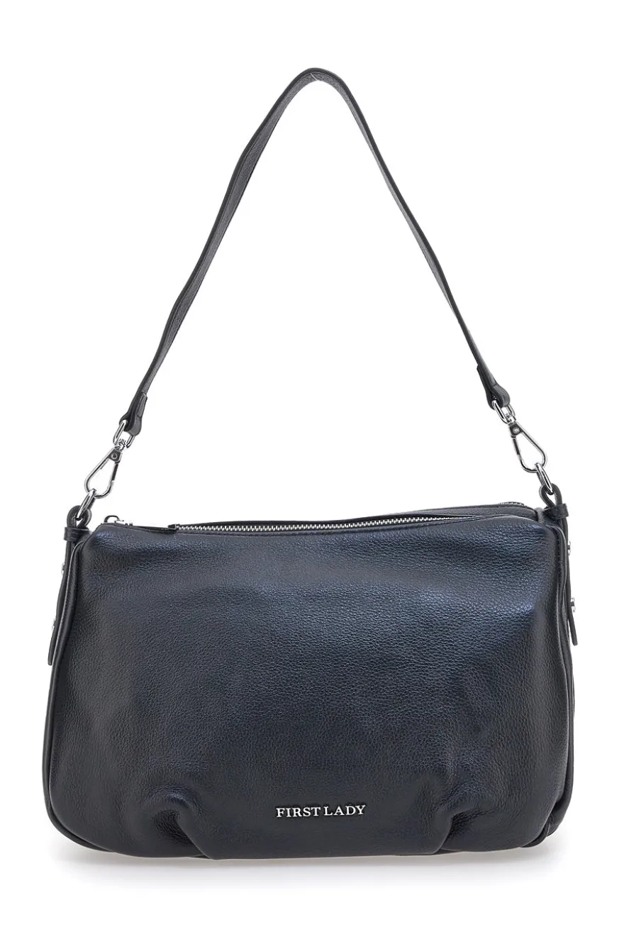 Borsa nera in vera pelle con manico corto e tracolla removibili First Lady SL 58809