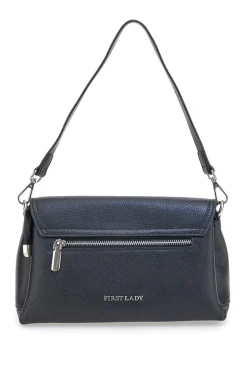Borsa nera in vera pelle con manico corto e tracolla First Lady SL 68870