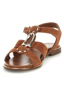 Braune Echtleder-Sandalen mit ovalen Metall-Accessoires im Pittarello-Look IF10328