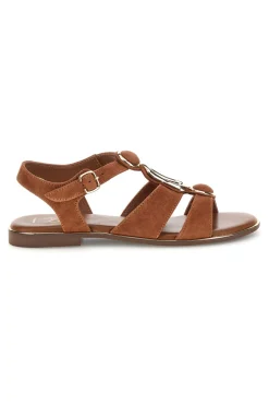 Braune Echtleder-Sandalen mit ovalen Metall-Accessoires im Pittarello-Look IF10328