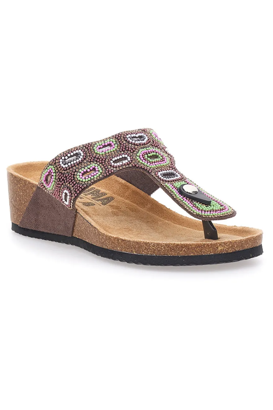Braune Flip Flops mit Plateau und farbigen Steinen FIRST ROW 12602