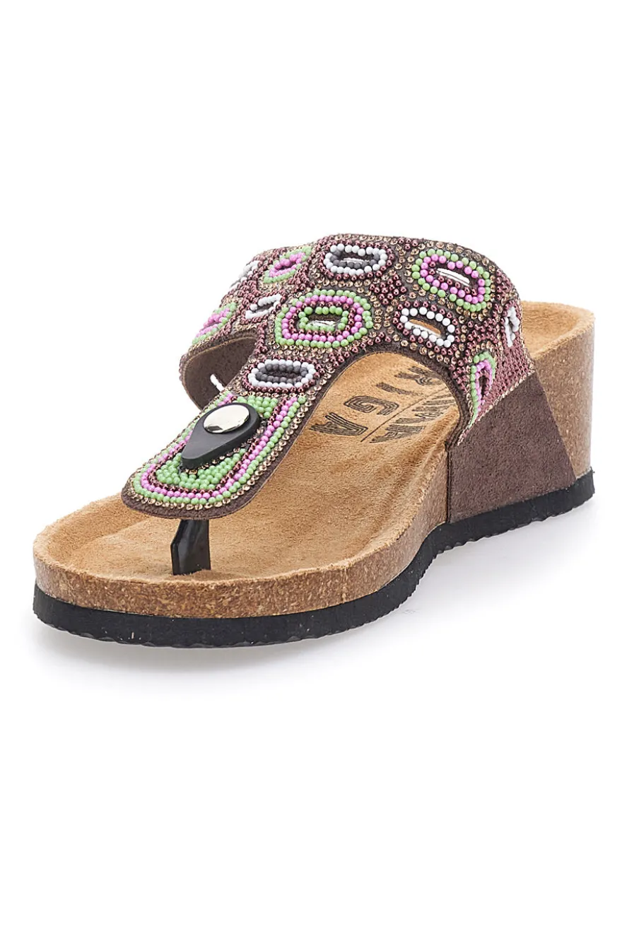 Braune Flip Flops mit Plateau und farbigen Steinen FIRST ROW 12602
