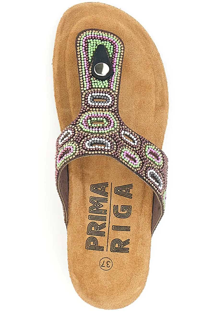 Braune Flip Flops mit Plateau und farbigen Steinen FIRST ROW 12602