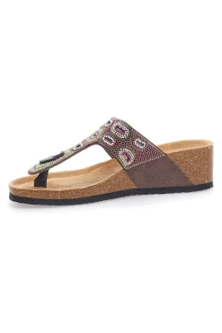 Braune Flip Flops mit Plateau und farbigen Steinen FIRST ROW 12602