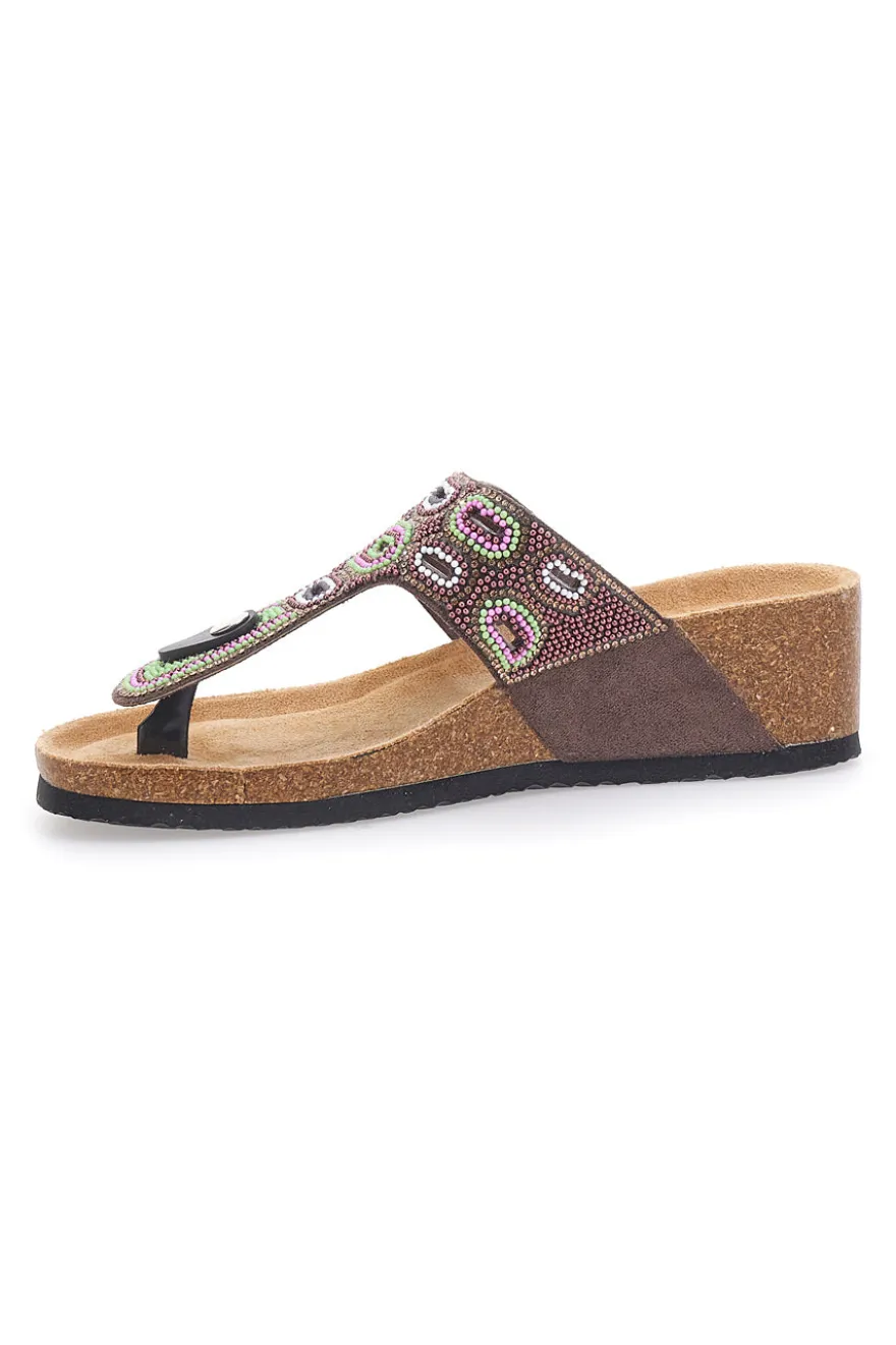 Braune Flip Flops mit Plateau und farbigen Steinen FIRST ROW 12602