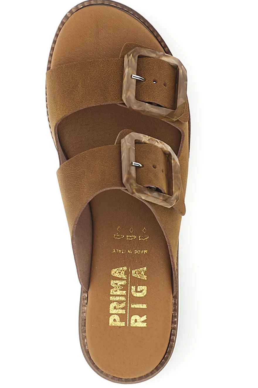 Ciabatta marrone con doppia fascia e fibbie Prima riga V113