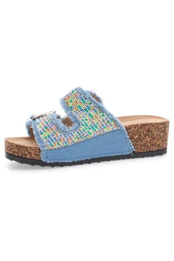 Ciabatte azzurre effetto jeans con dettagli multicolor e fibbie Dame Rose APY66