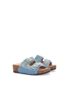 Ciabatte azzurre effetto jeans con dettagli multicolor e fibbie Dame Rose APY66