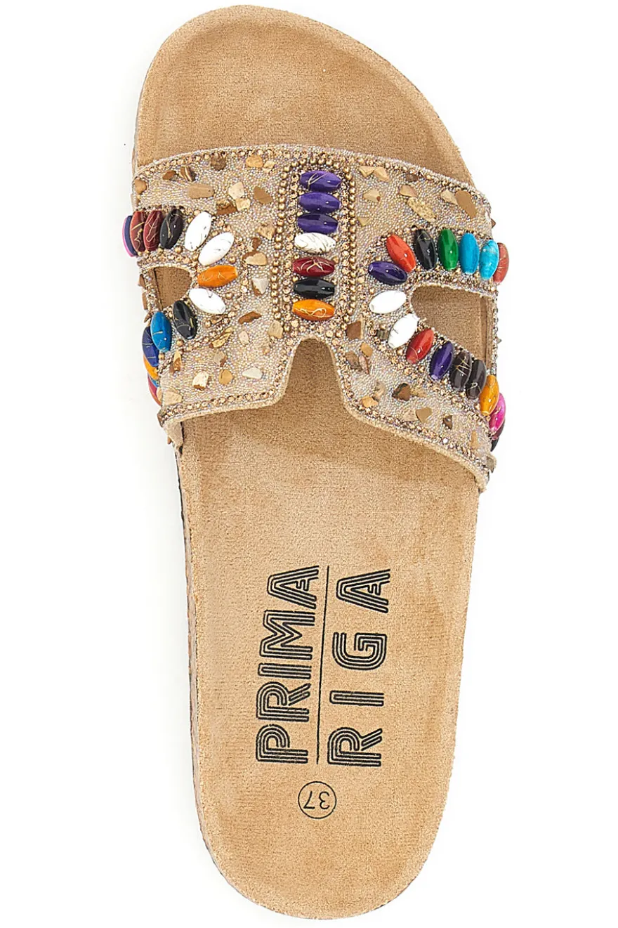 Ciabatte beige con applicazioni multicolor Prima Riga 14219