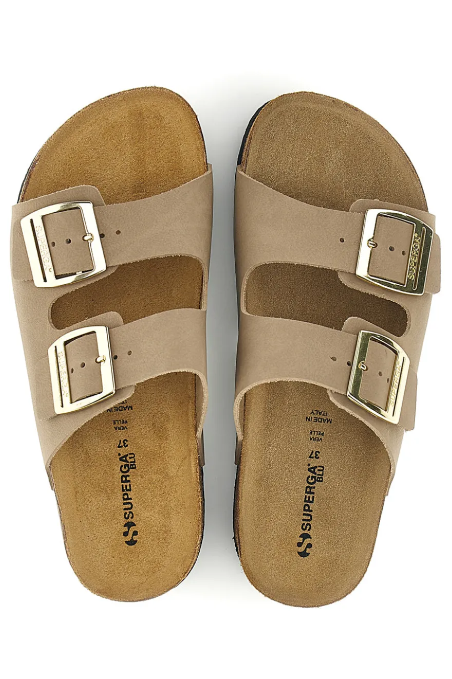 Ciabatte beige con doppia fascia regolabile Made in Italy in vera pelle Superga S31T823