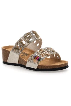 Ciabatte beige con doppia fascia decorata con strass e perline Prima Riga 14607