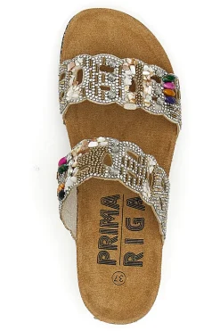 Ciabatte beige con doppia fascia decorata con strass e perline Prima Riga 14607