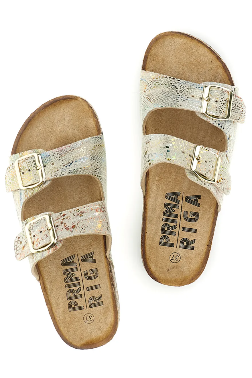Ciabatte Beige con trama multicolore pitonata e doppia fibbia Prima riga 14601