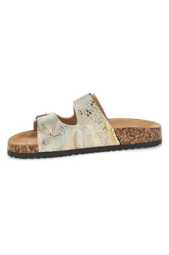 Ciabatte Beige con trama multicolore pitonata e doppia fibbia Prima riga 14601