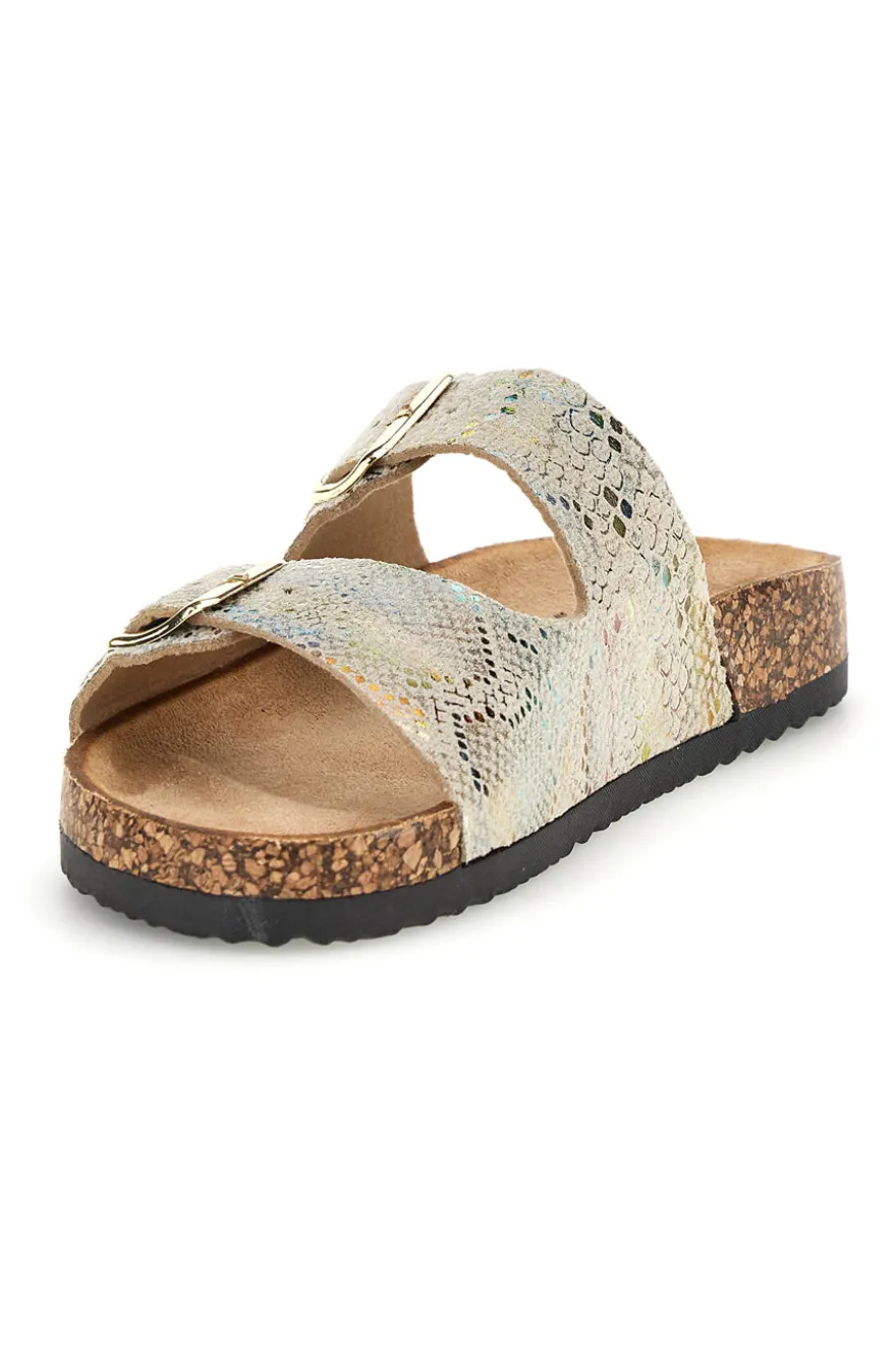 Ciabatte Beige con trama multicolore pitonata e doppia fibbia Prima riga 14601