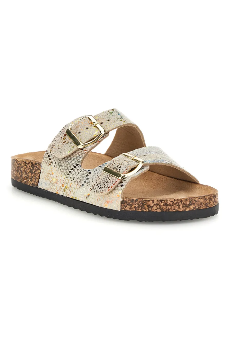 Ciabatte Beige con trama multicolore pitonata e doppia fibbia Prima riga 14601
